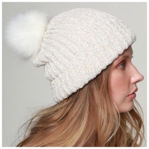 Ivory soft chenille faux fur pom beanie